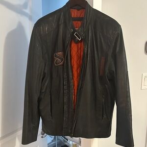 Vintage Men's Black Leather Biker Jacket with Lush Orange Lining by Davoucci